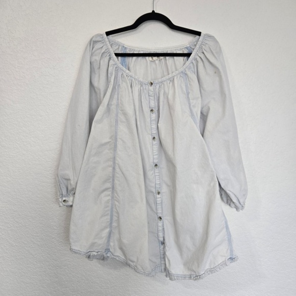 We The Free People M Oxford Swing Tunic Striped Boho Peasant Top‎ Frayed Hem